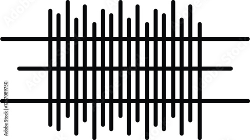 Abstract graphic design featuring a dense grid of vertical black lines intersected by two horizontal black lines creating a textured organized pattern on a white background