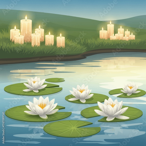 Serene outdoor altars for All Saints' Day, a peaceful scene of remembrance with a candle altar and water lilies