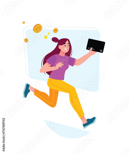Illustration of a girl in yellow pants and with a bank card. Vector. The girl runs among the coins. A mascot and character for design projects. An illustration on finance and online payment.