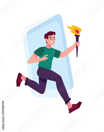 A young man in a green T-shirt runs with a torch in his hand. Vector. Symbolizing the pursuit of success, leadership and victory. It is ideal for illustrations on sports achievements and ambitions.