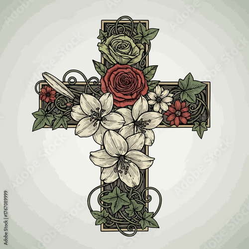 Ornate floral cross illustration for spiritual remembrance and devotion, often adorning altars or an altar, a beautiful symbol for All Saints' Day tributes, commemorating loved ones and faith