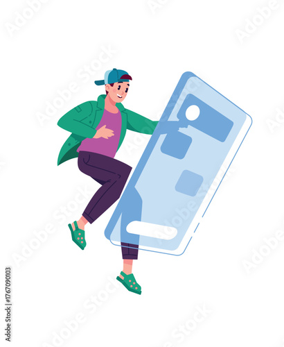 Illustration of a young guy in front of a large smartphone screen in zero gravity. The application interface. Log in to your personal account. Image for design projects, website and printing, mockup d