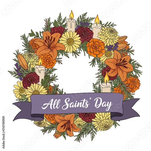 A vibrant floral wreath with lit candles, symbolizing deep Remembrance and spiritual Altars, often found adorning sacred spaces and altars for honoring departed souls on All Saints' Day