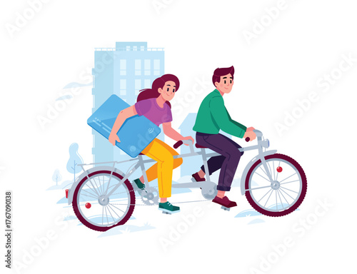 A guy and a girl are riding a two-seater bike in the city. A girl with a bank card. The concept of online payments, delivery and cashless payment. Joint finances. An active lifestyle.