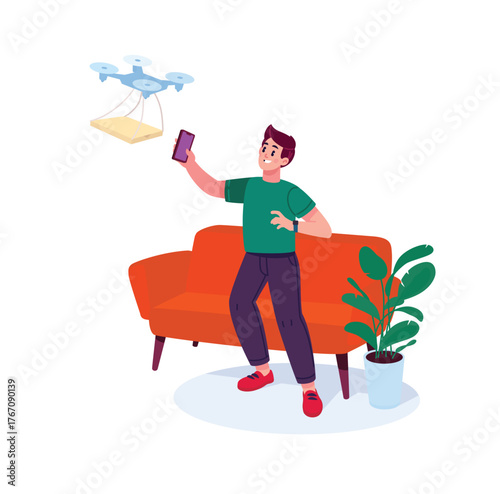 Illustration of a young man and a courier copter with pizza on the background of furniture. Vector. Home delivery of food. Flat style. Materials for character development and design projects. The masc