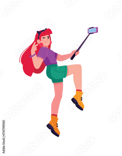 A video blogger girl with a smartphone takes a selfie. The influencer records videos for subscribers. An active lifestyle. Illustration for design projects, website and printing, mockup and banner des
