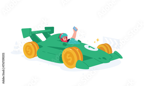 A man in a racing car with a phone. Launching projects. Speed and mobility.  The image of financial technology and digital payments. The concept of payment, finance, and online shopping. Banking servi