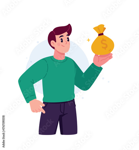 A young man with a bag of dollars buys with cash. Account balance. The image of financial technology and digital payments. The concept of payment, finance, and online shopping. Banking services.