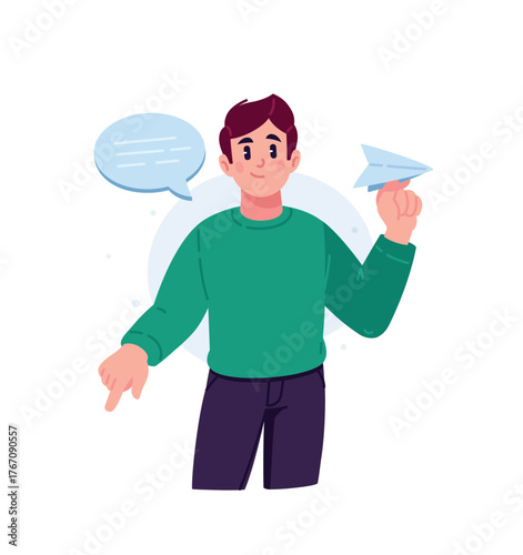 The guy is standing with a message plane and a comic book cloud. The image of messages in messengers and social networks. The concept of online communication. An image for the website and printing ind