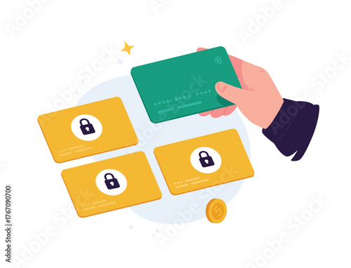 Illustration of a hand holding a bank card. Debit or credit card. A symbol of non-cash payments and banking services. The concept of cashless payment and finance. Blocking of plastic cards.