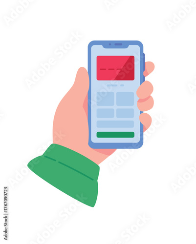 Illustration of a hand holding a smartphone. Debit or credit card on the phone screen. A symbol of non-cash payments and banking services. The concept of cashless payment and finance. NFC payment.