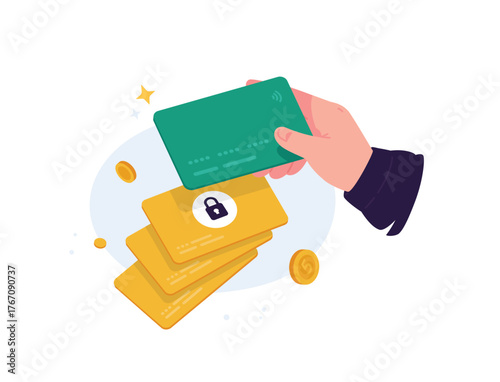 Illustration of a hand holding a bank card. Debit or credit card. A symbol of non-cash payments and banking services. The concept of cashless payment and finance. Blocking of plastic cards.