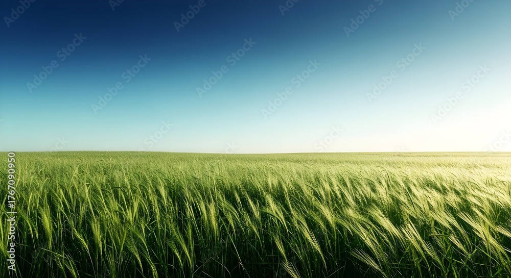 Obraz premium Hierba verde sobre cielo azul claro, tema de naturaleza primaveral. Panorama