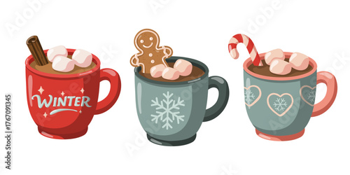 Cartoon set of winter mugs with hot chocolate, marshmallows, cinnamon and gingerbread. Hand drawn vector isolated illustration. 