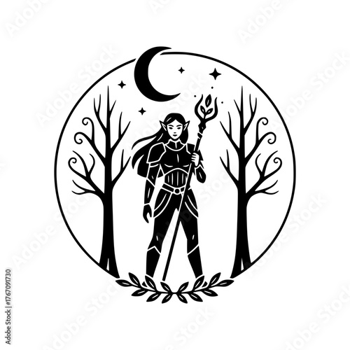 Powerful elven sorceress stands guard under the moonlit forest, ready to defend with nature's magic