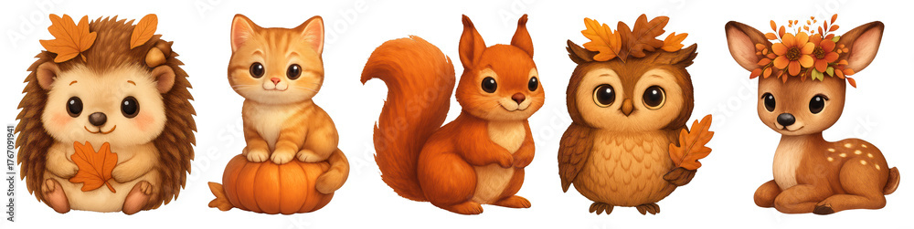 Fototapeta premium PNG Cute woodland animals with leaves, element set on transparent background