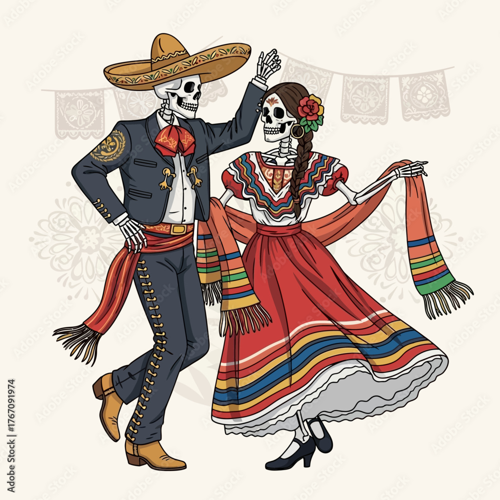 Obraz premium Day of the Dead Celebration Dancing Skulls in Traditional Attire, a Sugar Skull Celebration
