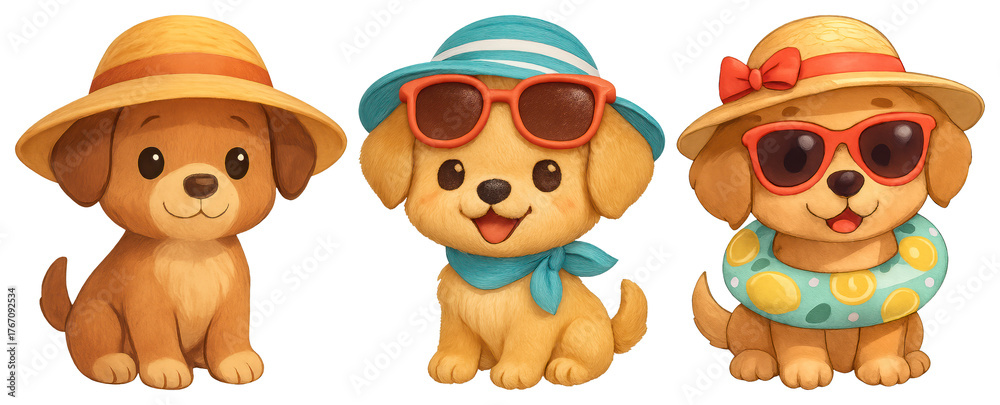 Fototapeta premium PNG Adorable puppies wearing summer accessories, element set on transparent background