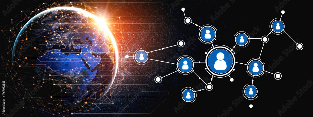 Fototapeta premium Visual representation of global connectivity featuring a glowing Earth and social network nodes. Illustrates digital interaction and modern technology in a cohesive design. Tessel