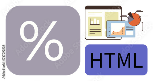 Percentage sign, analytical graphs, and HTML interface. Ideal for web development, data visualization, education, finance, coding technology programming. Clear simple flat metaphor
