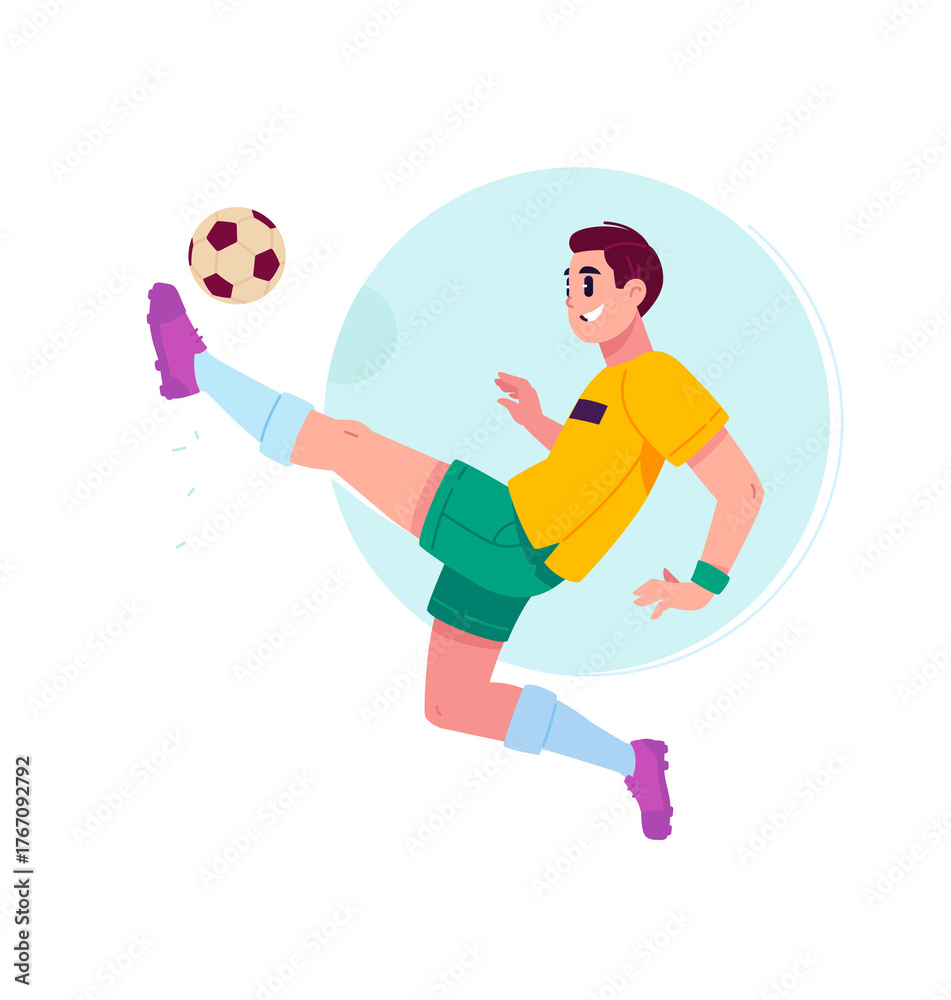 Fototapeta premium Illustration of a football player with a ball. Vector. The guy kicks the ball with his foot. A mascot and character for design projects. An illustration on the topic of sports and soccer. 