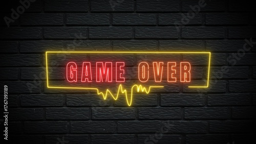Retro neon sign declares game over on dark brick wall, perfect for esports or gaming content creation with a modern touch