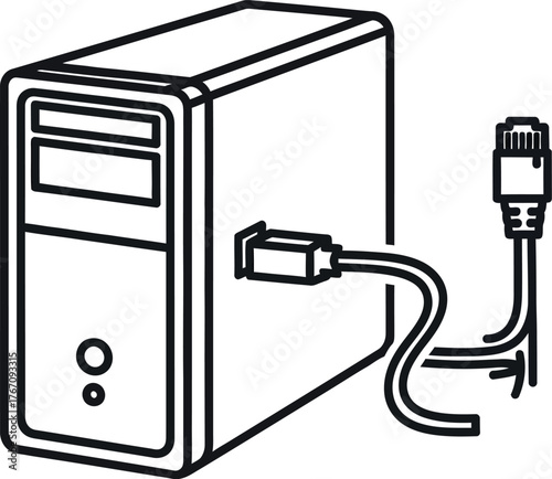 Line art illustration of a desktop computer tower with a cable plugged into a port