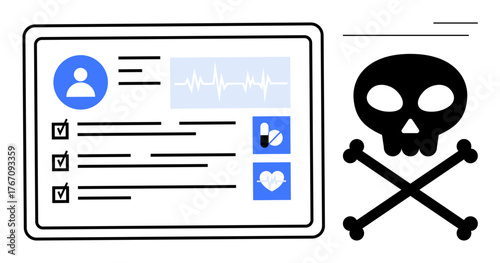 Medical profile with user icon, checklist, ECG wave, drug icon, heart symbol, and skull-crossbones signifying toxicity. Ideal for healthcare, alert, data risk decision-making safety simple flat