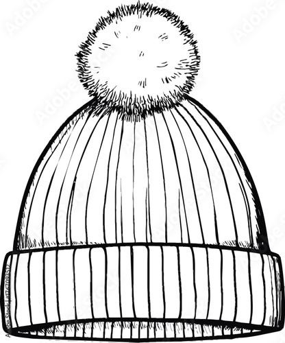 Beanie hat sketch hand drawn with pom pom and ribbed fold — stock vector