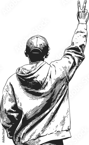 Man in hoodie sketch hand drawn style showing peace sign from behind — stock vector