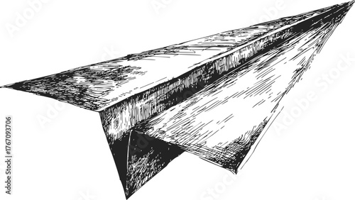 Paper airplane hand drawn sketch with detailed line art and cross-hatching texture — stock vector