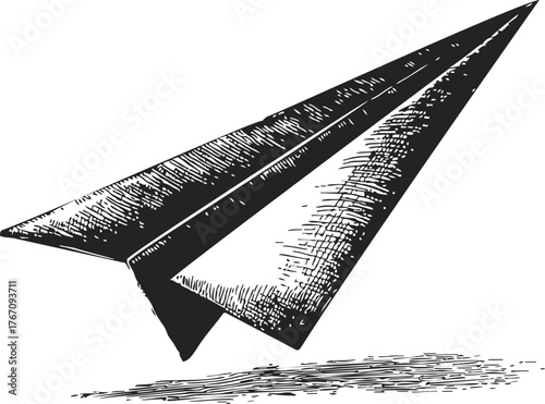 Paper airplane hand drawn sketch with crosshatch shading and motion lines — stock vector