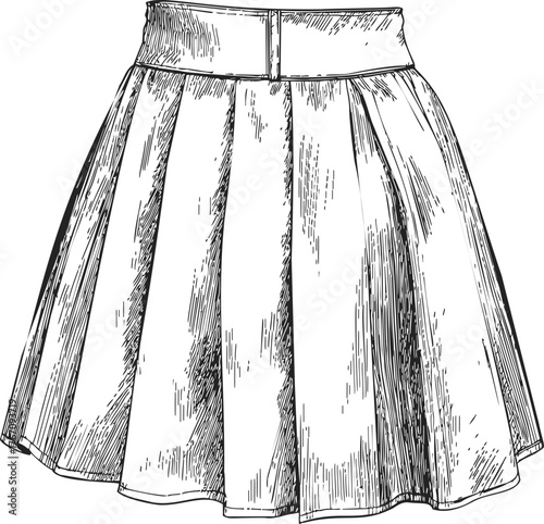 Pleated skirt hand drawn sketch illustration with high waist and flowing folds — stock vector