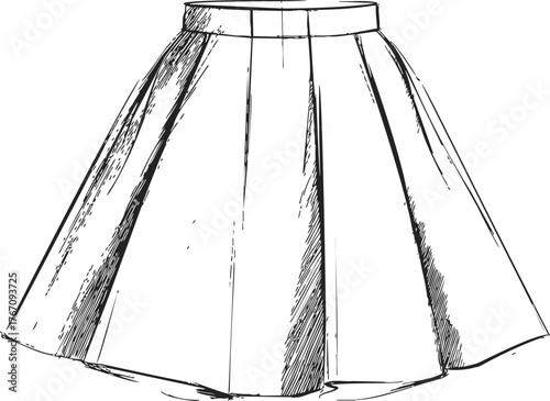 Pleated skirt sketch, hand drawn style, flared silhouette, fashion illustration — stock vector