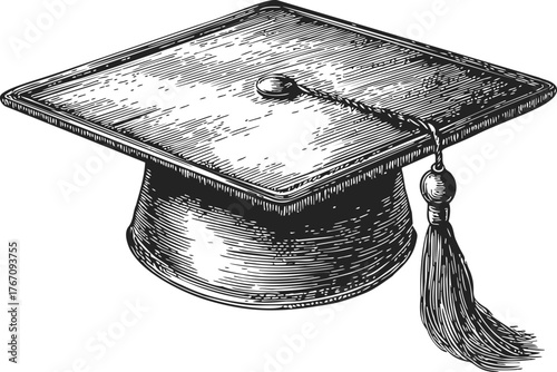 Graduation cap mortarboard with tassel, hand drawn engraving sketch style illustration — stock vector