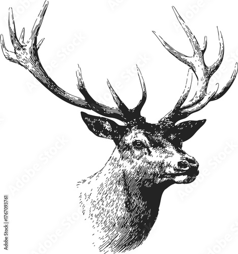 Deer head portrait with majestic antlers, hand drawn sketch style illustration — stock vector