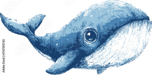 Blue whale hand drawn sketch illustration with detailed texture — stock vector