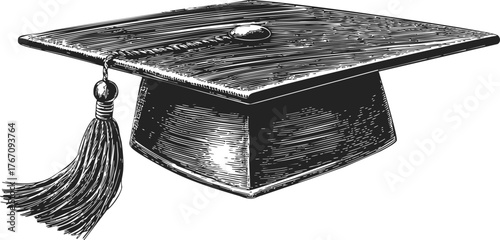 Graduation cap sketch, hand drawn vector with tassel, detailed academic hat — stock vector