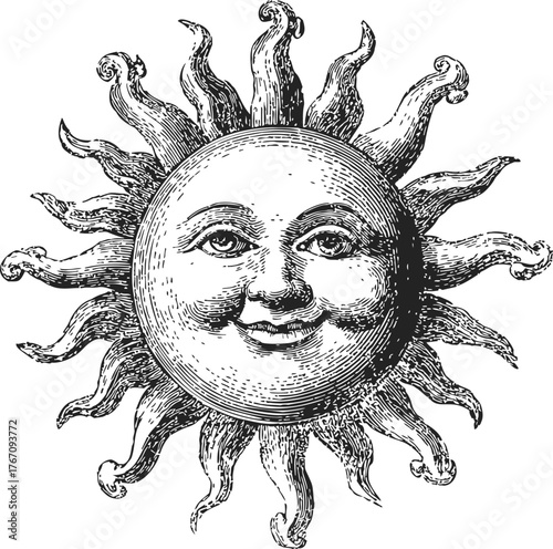 Sun with face sketch, hand drawn vintage engraving style, detailed rays and smiling expression — stock vector