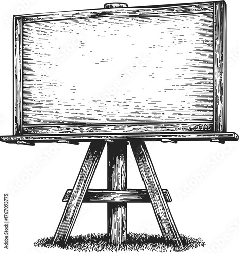 Wooden easel sketch hand drawn with blank canvas on grass — stock vector