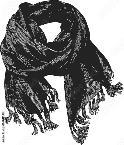Black scarf sketch hand drawn with detailed fringe and textured fabric — stock vector