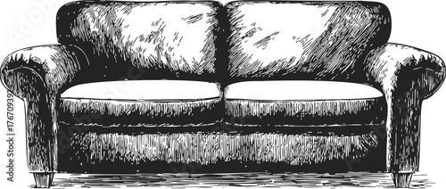 Vintage sofa sketch, hand drawn style, classic couch with textured shading — stock vector