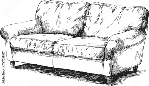Sofa hand drawn sketch with cushioned upholstery and rolled arms — stock vector
