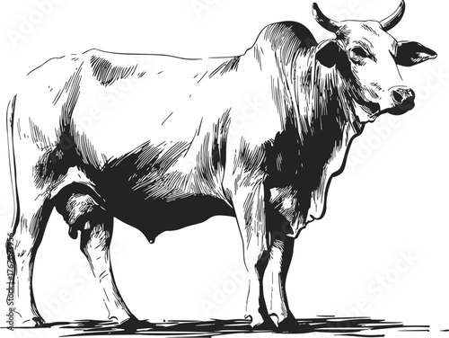 Cow sketch hand drawn style standing side view with detailed shading — stock vector