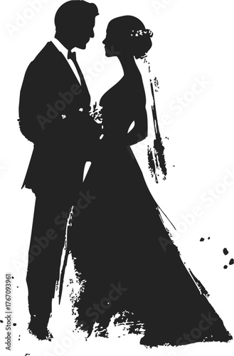 Wedding couple silhouette hand drawn sketch profile groom bride formal attire — stock vector