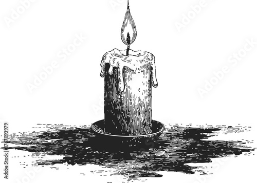 Candle sketch hand drawn with melting wax and flame on saucer — stock vector