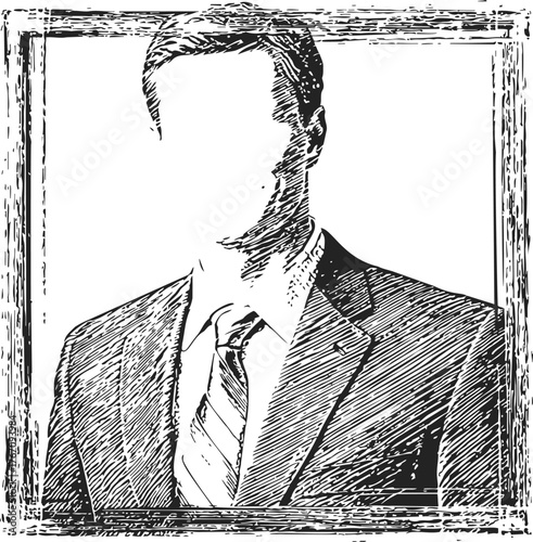 Faceless man sketch hand drawn in suit and tie, portrait in vintage frame — stock vector