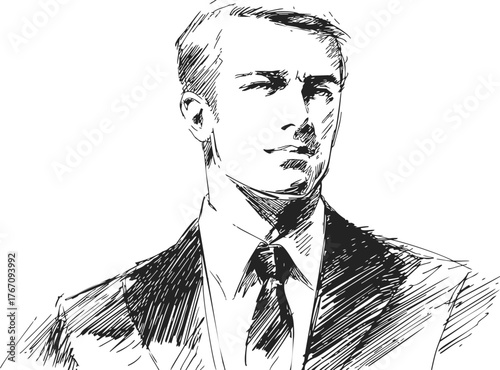 Businessman sketch hand drawn in suit and tie, confident expression — stock vector