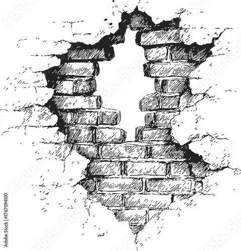 Brick wall sketch, hand drawn style, showing damaged plaster and exposed bricks — stock vector