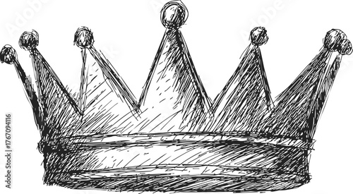 Crown hand drawn sketch with six pointed peaks and hatched shading — stock vector